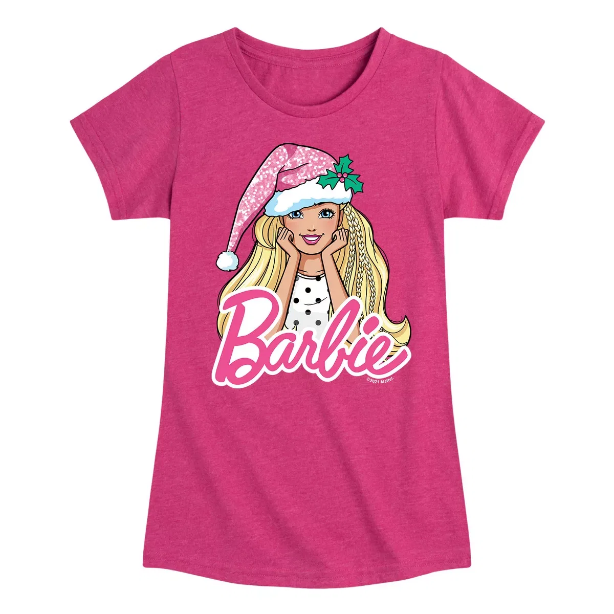 Детское платье-футболка для девочек с принтом Barbie Barbie Logo Santa Hat, Heather Fuchsia