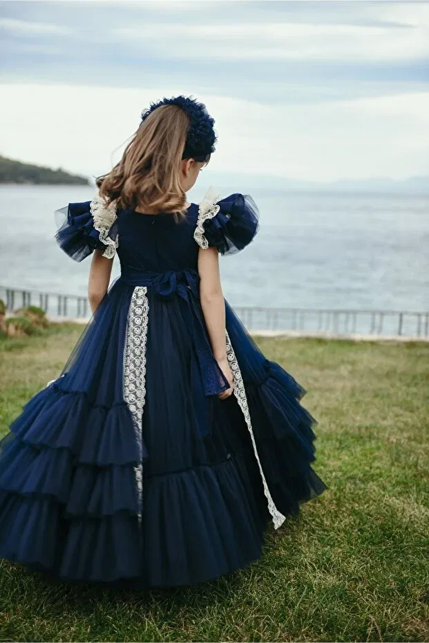Детское вечернее платье для девочек с принтом Mialora Exclusive By Emel Ebru Özdemir, Navy Blue — фото 4