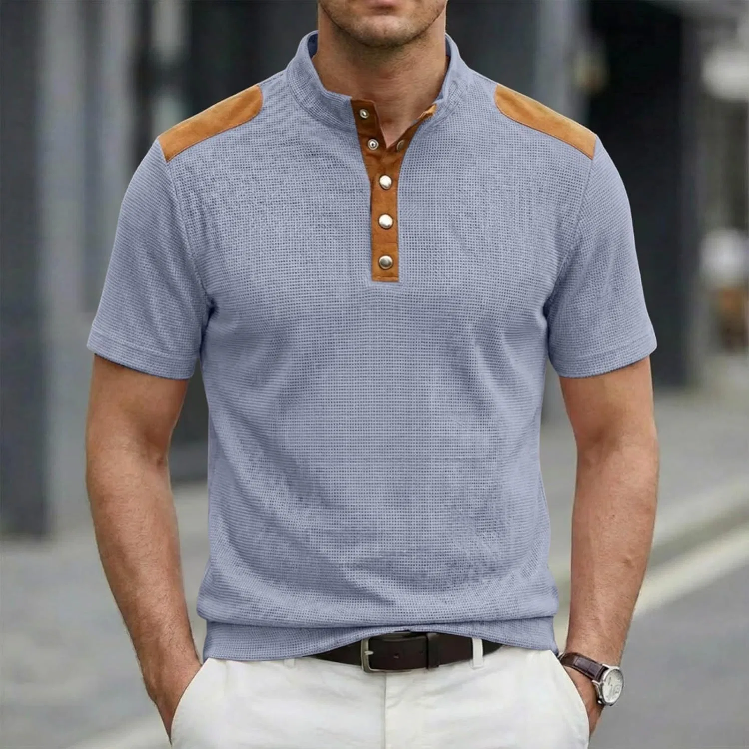 Мужская футболка с воротником-стойкой Henley из вафли Generic, Sky Blue — фото 2