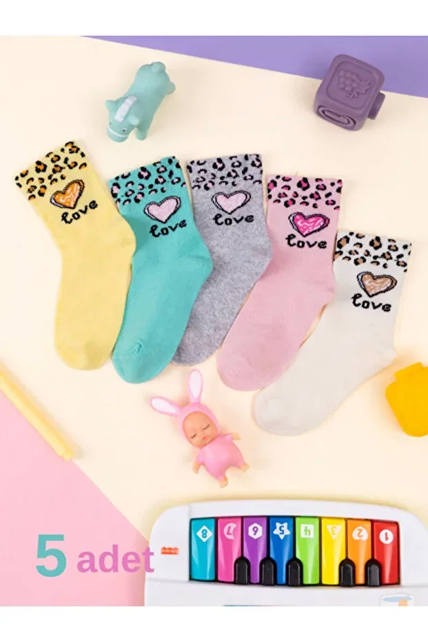 Детские носки для девочек с принтом 5 пар Heart & Leopard Patterned Baby Socks & Kids Socks Special Girls Socket Series Hobins Sportswear & Company, Pink — фото 2