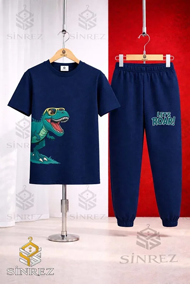Детский комплект футболки и спортивных штанов с принтом Dinosaur With Glasses Green Side Printed, Sinrez, Navy Blue