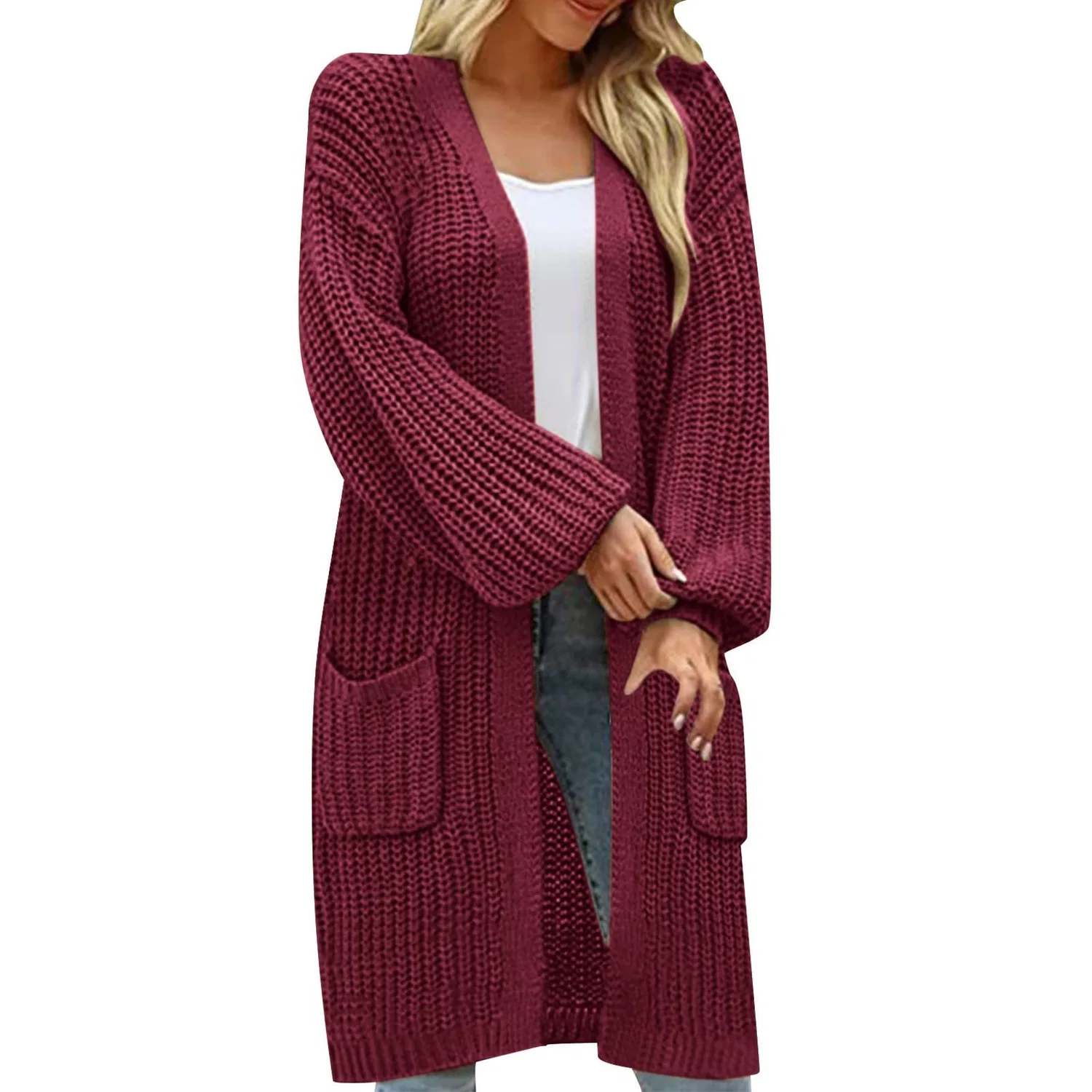 Женский кардиган крупной вязки с длинным рукавом, Red