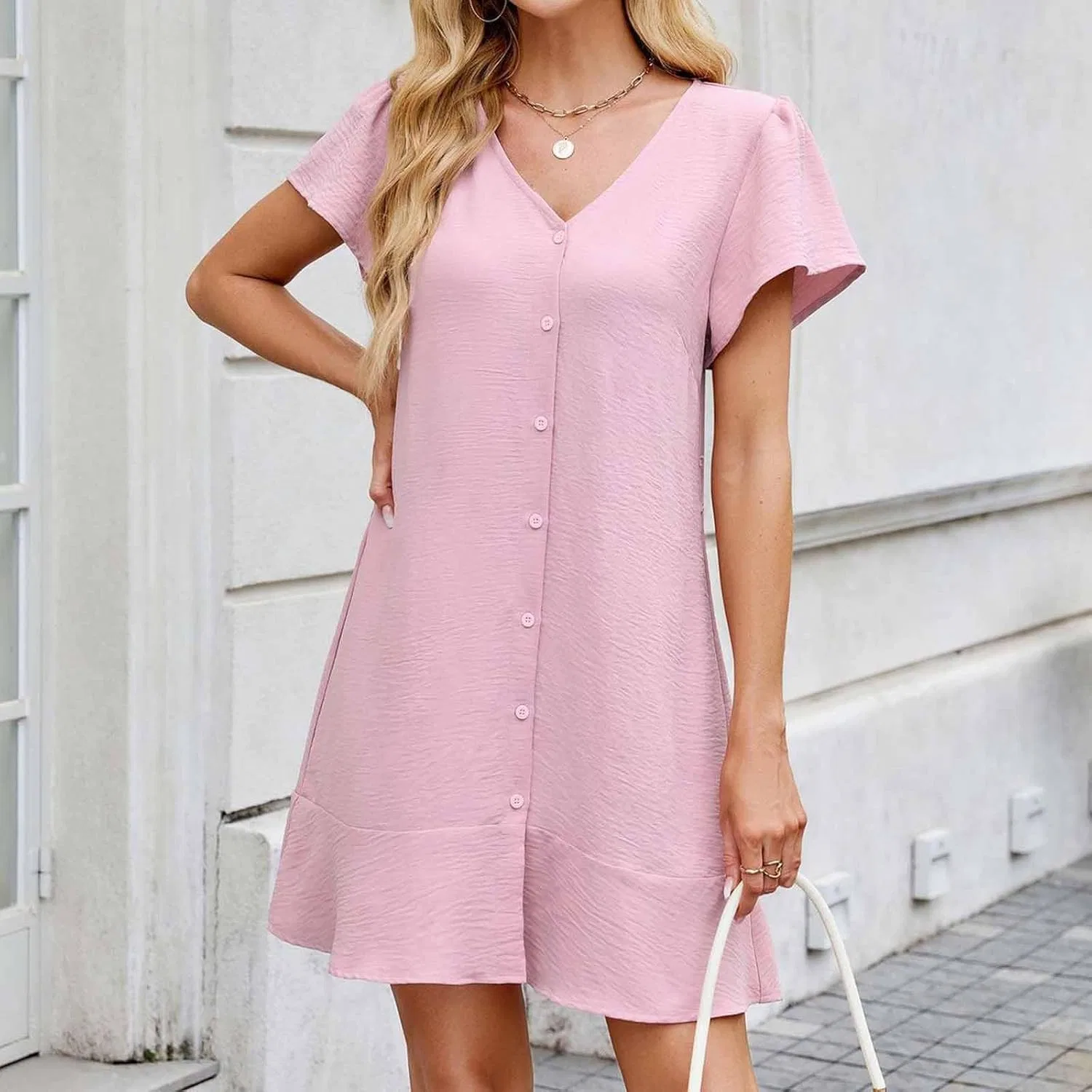 Женское летнее платье с V-образным вырезом и завязками на талии, Pink — фото 3
