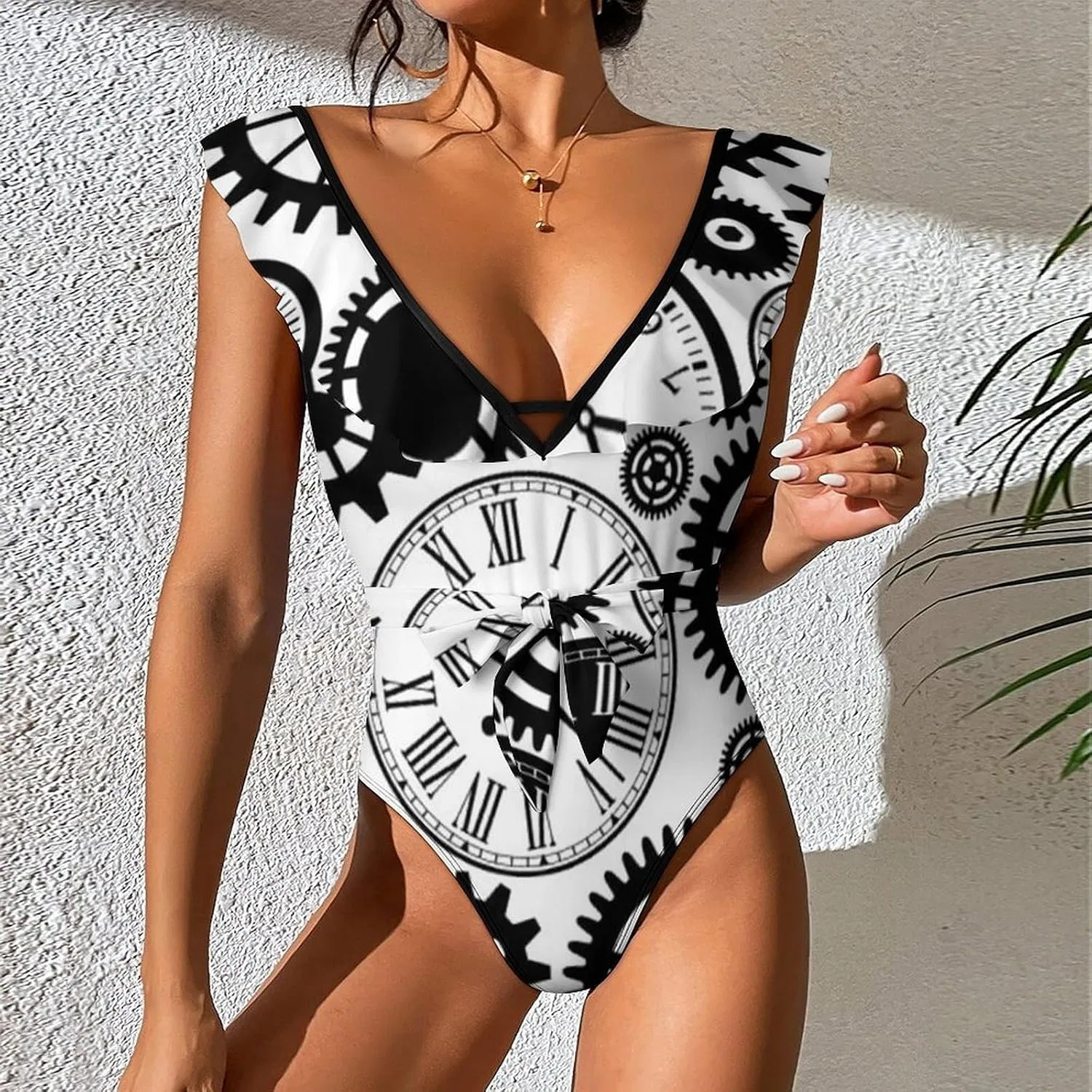 Женский слитный купальник с змеиным принтом Vintage Clocks, Style-2 — фото 2