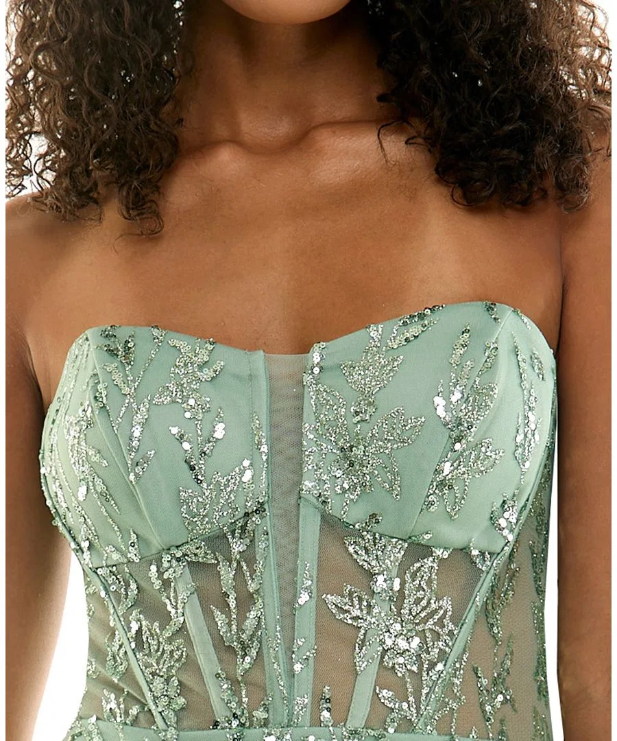 Платье-бюстье с блестками, модель Glitter Strapless Bustier Corset Fit & Flare Mini Dress SENI & CADE, Sage — фото 4