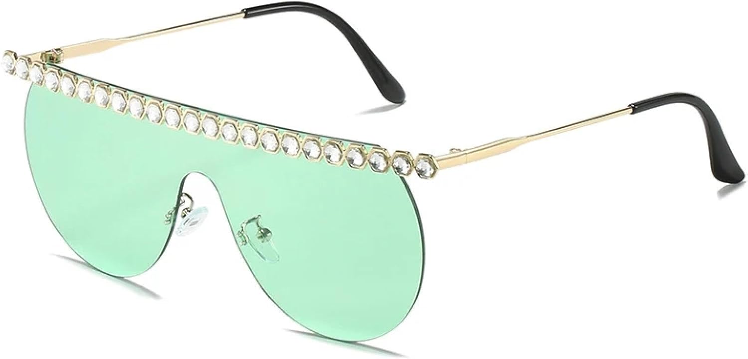 

Роскошные цельные солнцезащитные очки без оправы с имитацией бриллиантов для женщин и мужчин, винтажные модные очки для путешествий и вождения, защита от УФ-излучения UV400 TKKTLLT, Gold Green
