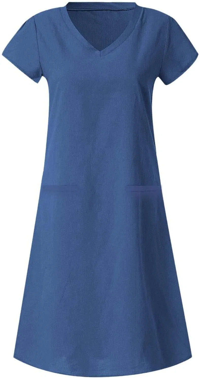 Женское платье миди V-образным вырезом Cotton Linen, Blue — фото 2