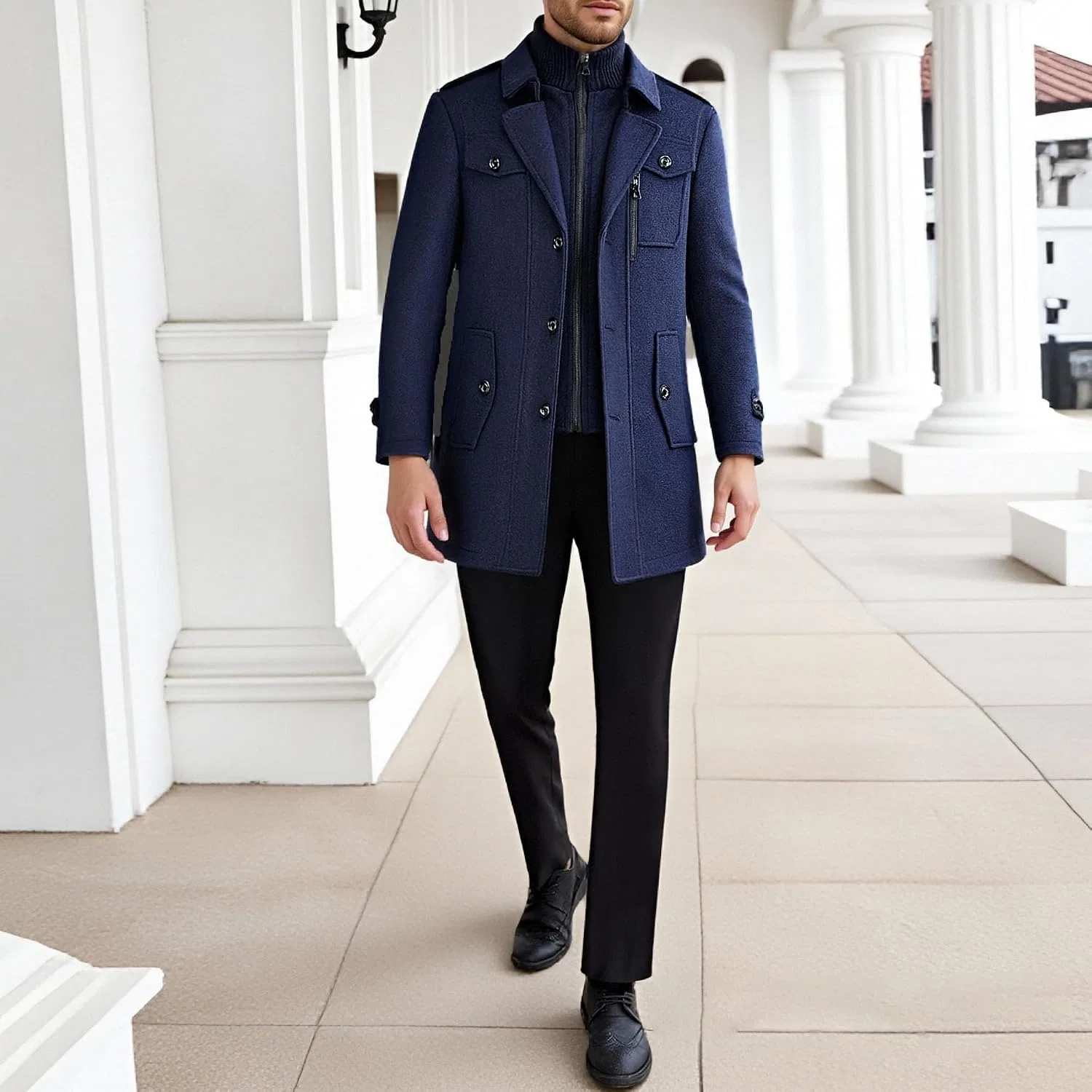 Мужское пальто-дафлкот с воротником-стойкой, шерстяное, Slim Fit, тёмно-синий — фото 2
