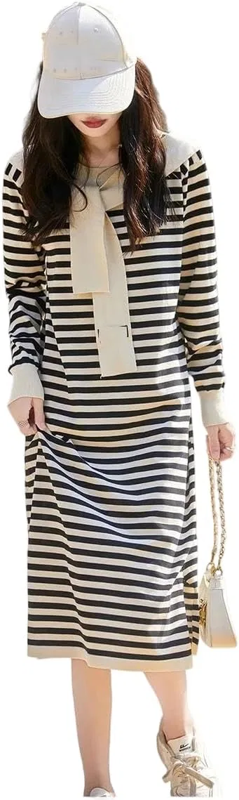 Женское трикотажное платье миди с полосками Casual, Beige Stripes