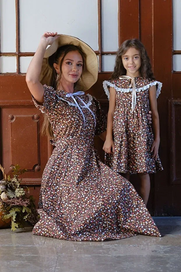 Детское платье для девочек с принтом Vintage mobile collared brown floral balloon sleeve flared mother-daughter design Küçüğüm Butik, Brown