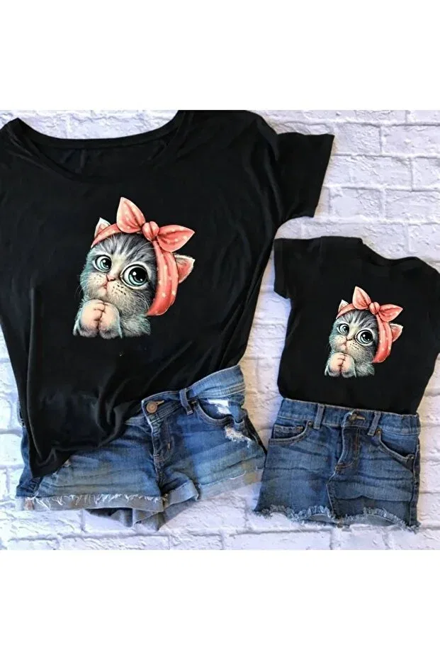 Детская футболка с принтом Cute kitten t-shirt with black bow Machetta, Черный — фото 2