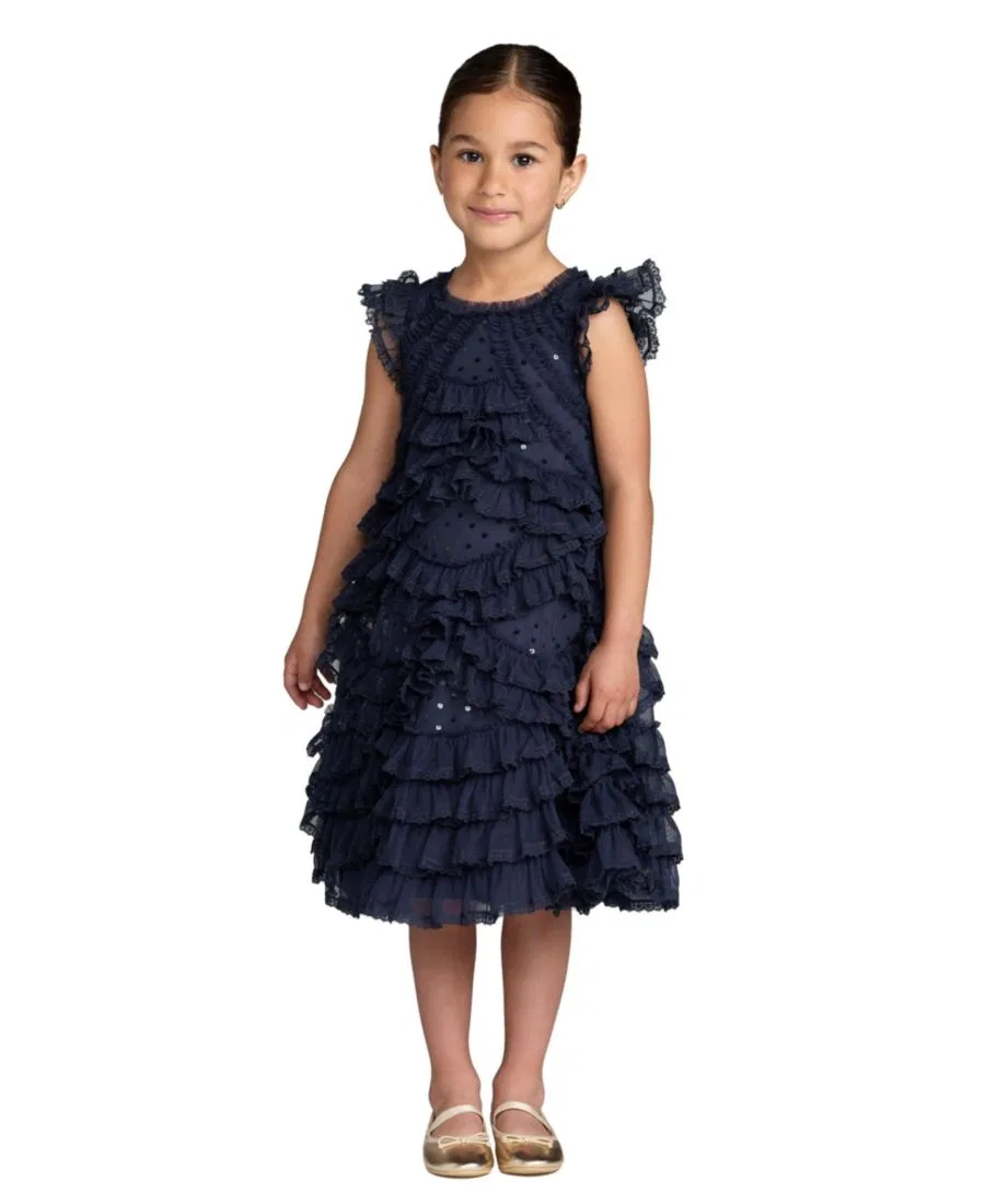 Платье с микро-рюшами Big Girls High Neck Cap Sleeve Micro Ruffle Dress Mac Duggal, Indigo