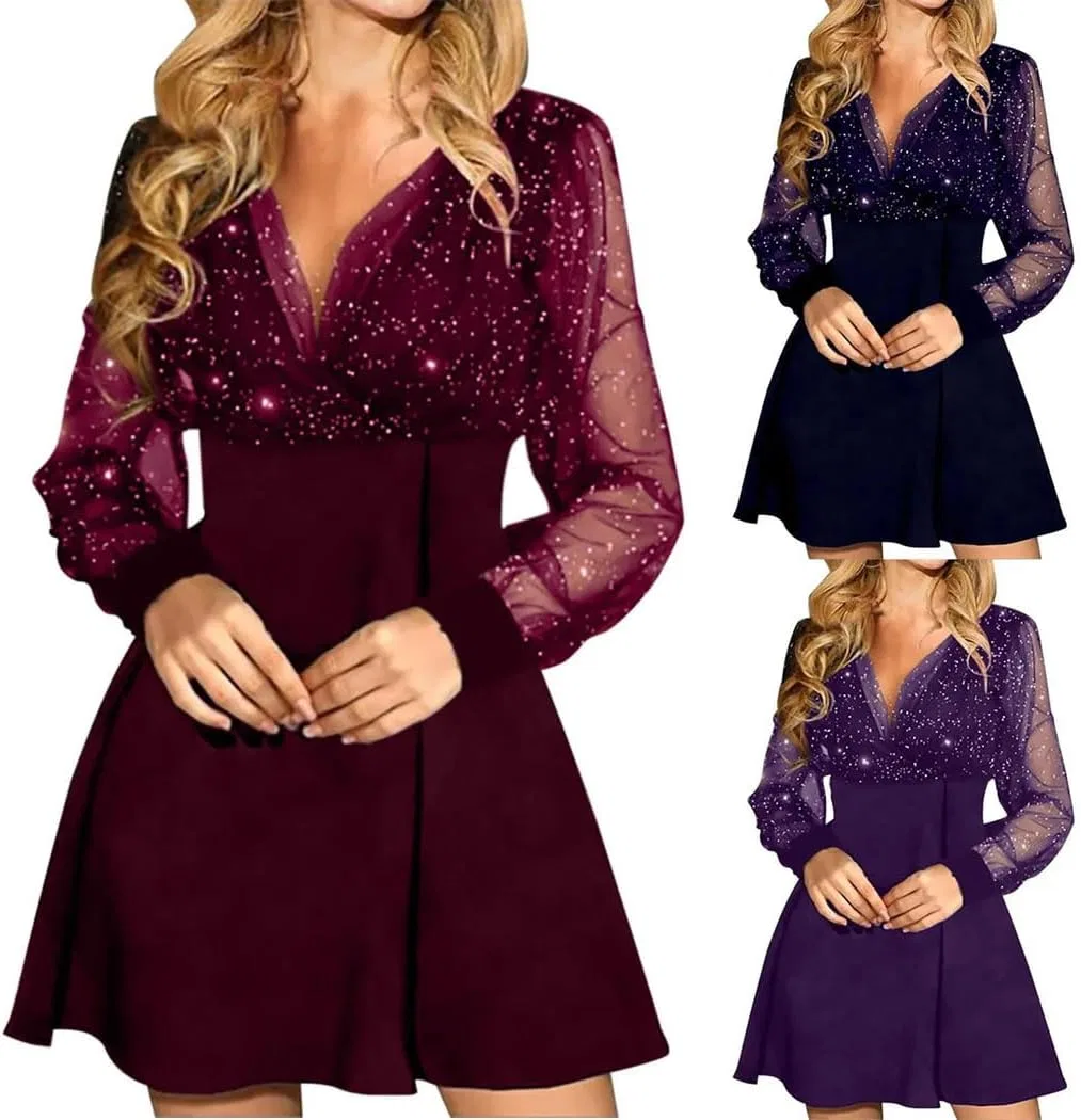 Женское элегантное коктейльное платье с пайетками V-образным вырезом Vintage, Purple — фото 4