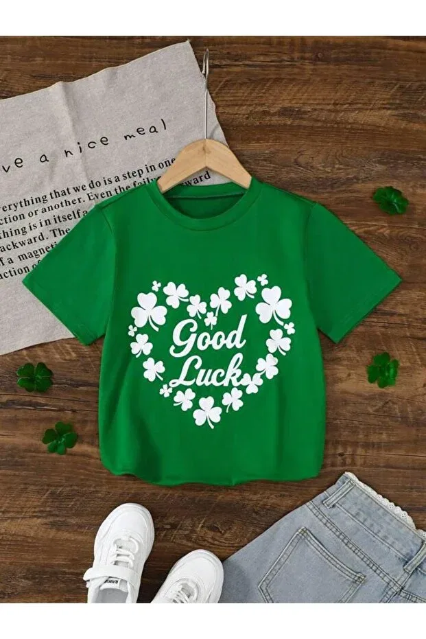 Детская футболка для мальчиков с принтом Heart Good Luck Morning Kids, Зеленый