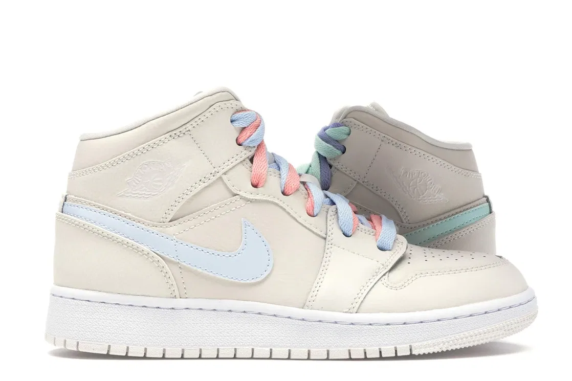 Детские кроссовки с цветными вставками Jordan 1 Mid Jordan, Phantom/Igloo-Purple Rise-Blue Tint