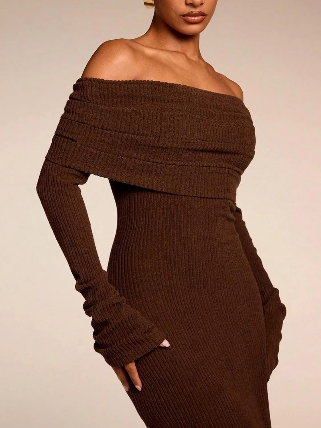 Женское платье с открытыми плечами Casual Long Sleeve, Coffee Brown — фото 4