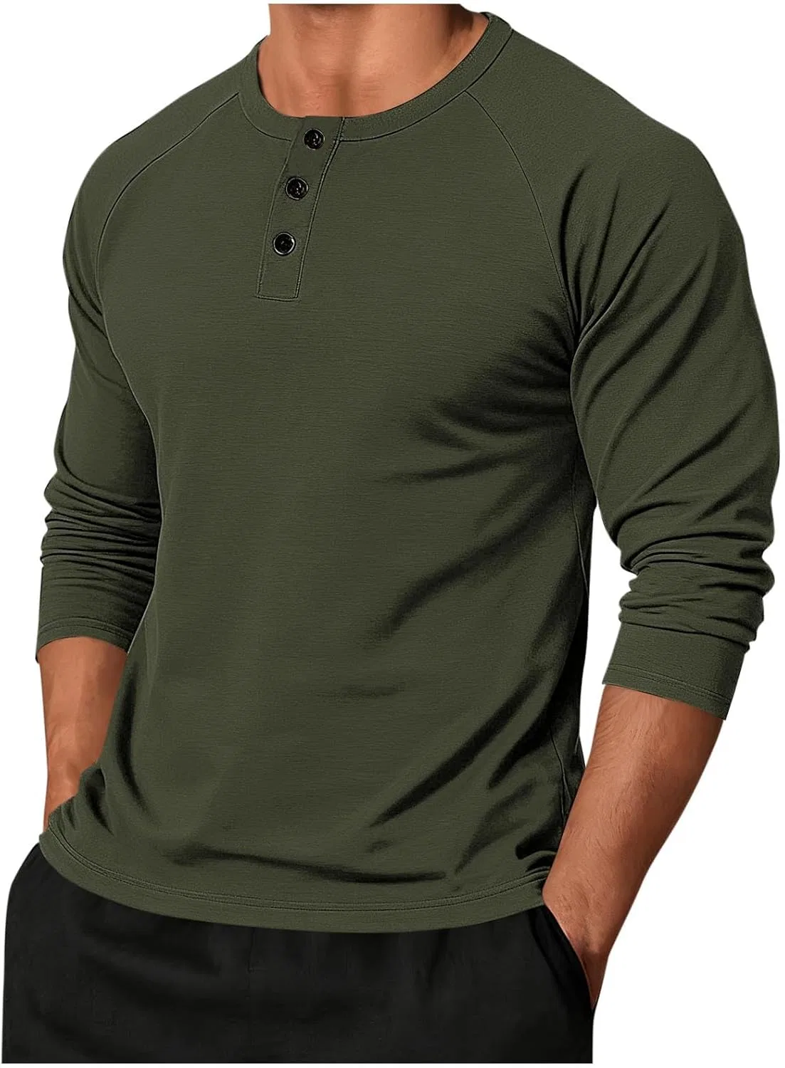 Мужская футболка-поло с контрастными рукавами реглан Henley, C-army Green