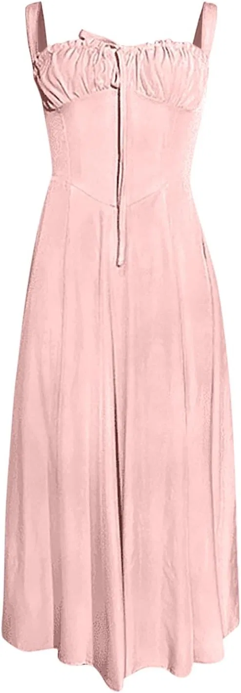 Женское летнее платье без рукавов на тонких бретелях с разрезом, светло-розовый — фото 4