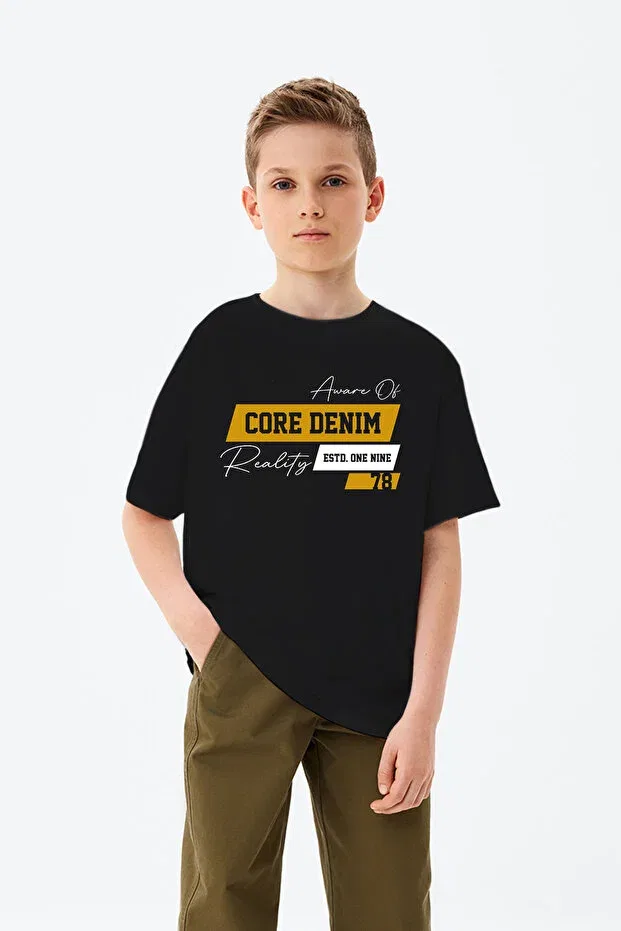 Детская футболка с принтом Core Denim Printed Boys' T-Shirt Adabebek, Black