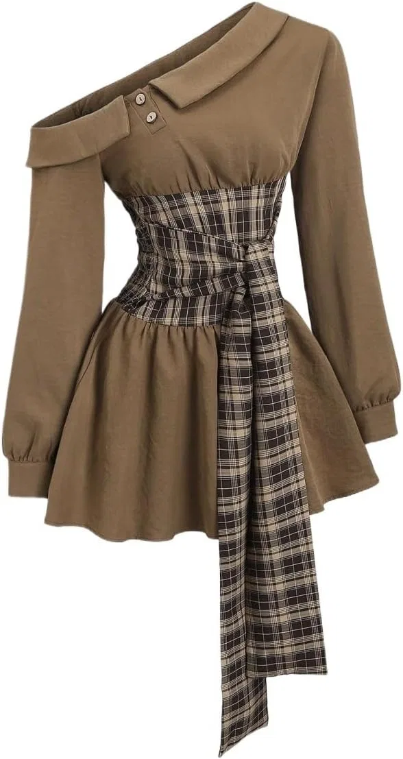 Женское летнее платье с асимметричным плечом A-line, Brown
