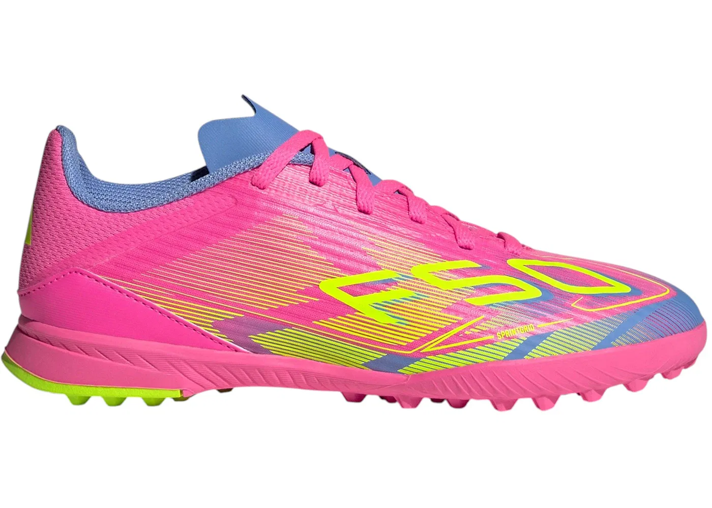 Детские бутсы для футбола с шипами Adidas F50 League Turf, Lucid Pink Lucid Lemon Blue Fusion