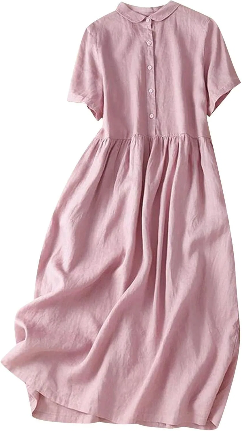 Женское летнее платье из хлопка и льна с коротким рукавом, Pink