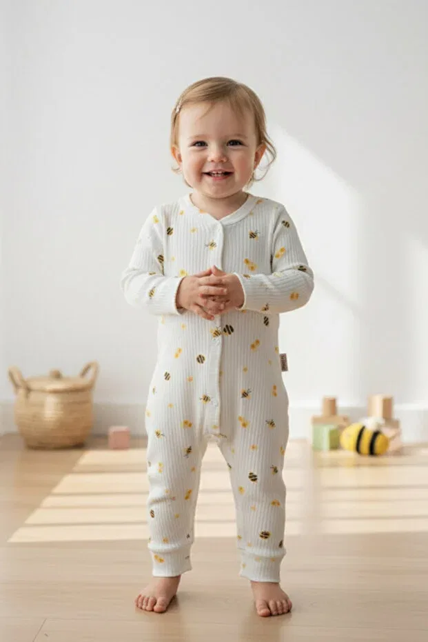 Детское боди-комбинезон с принтом Unisex honey bee patterned ribbed baby romper/body suit Pelossi, Ecru — фото 3