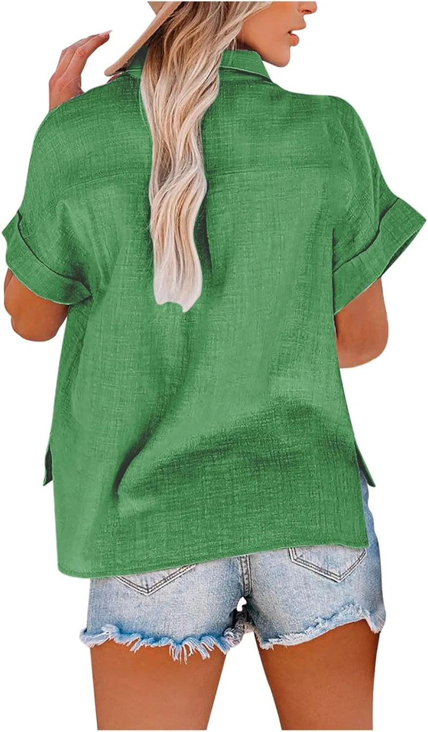 Женская повседневная блуза с коротким рукавом из льна, Green — фото 3