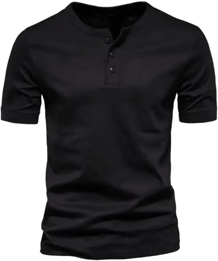 Мужская облегающая футболка с пуговицами Solid Color, Black — фото 4