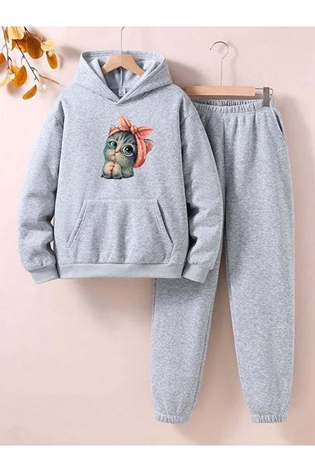 Детский спортивный костюм для девочек с принтом Cat Printed Fyk Kids, Gray