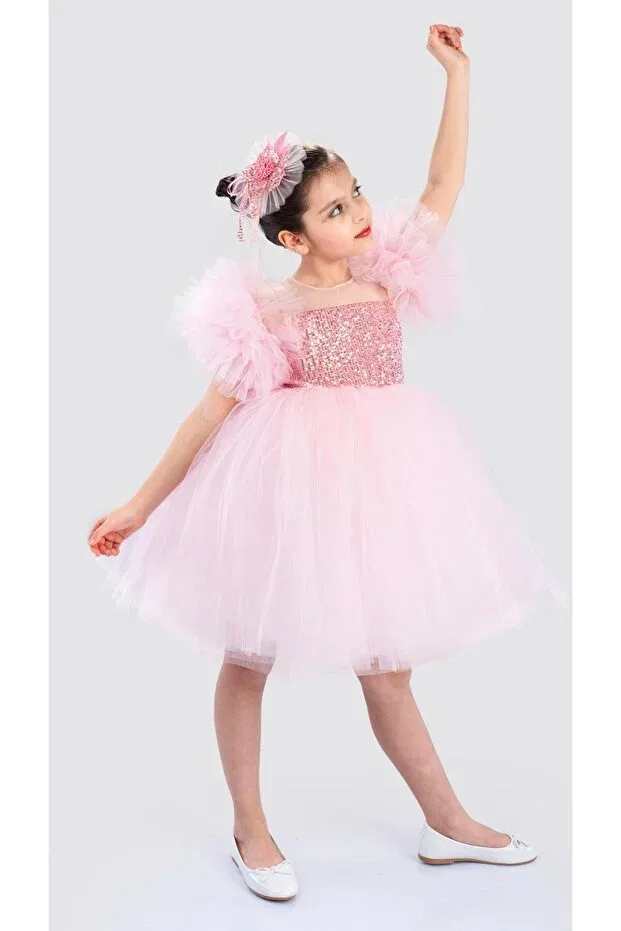 Детское платье для девочек с пайетками Pompom Buse&Eylül Bebe, Pink — фото 2