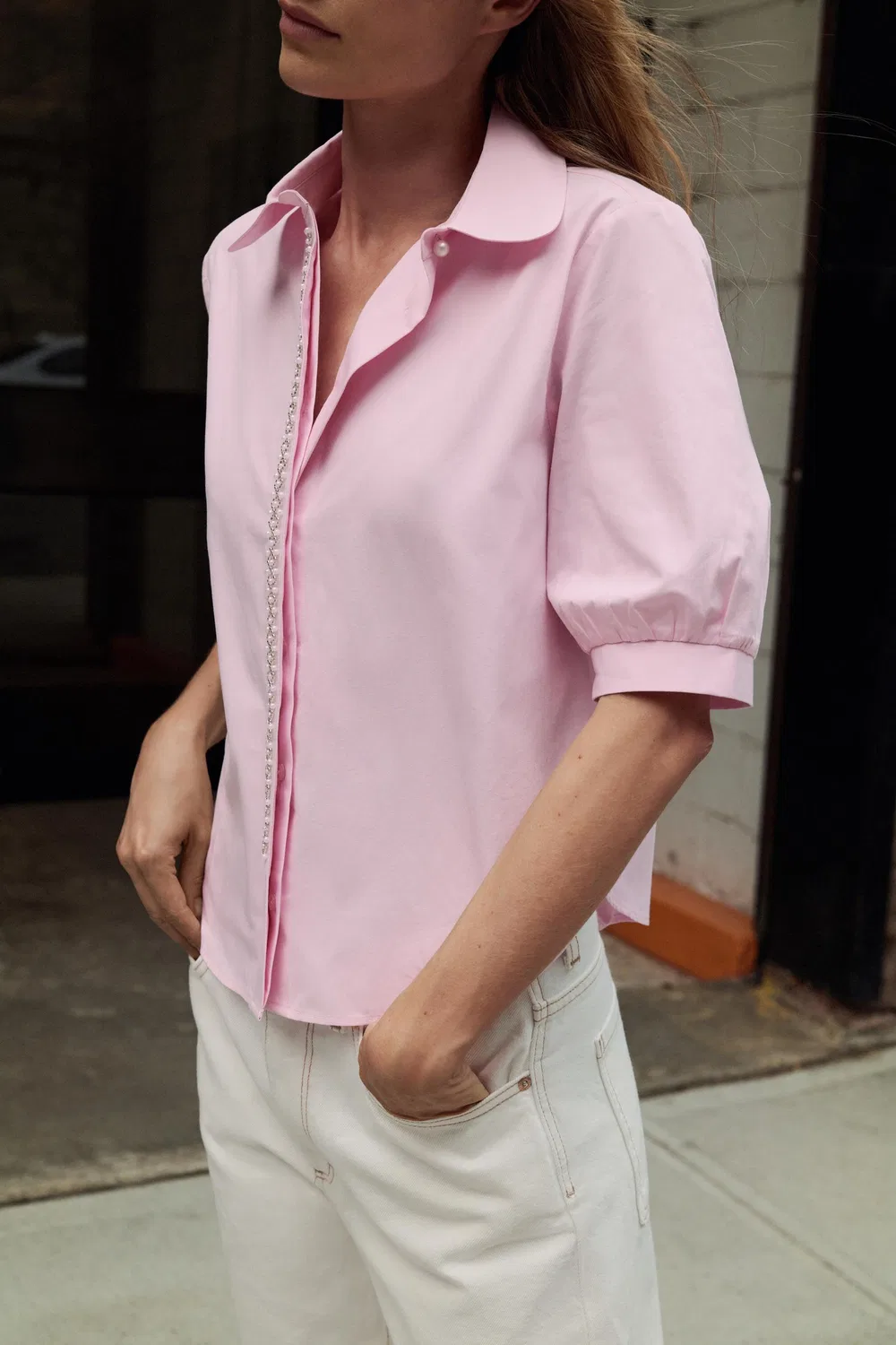 Рубашка из искусственного жемчуга из поплина ZARA, Pink — фото 2