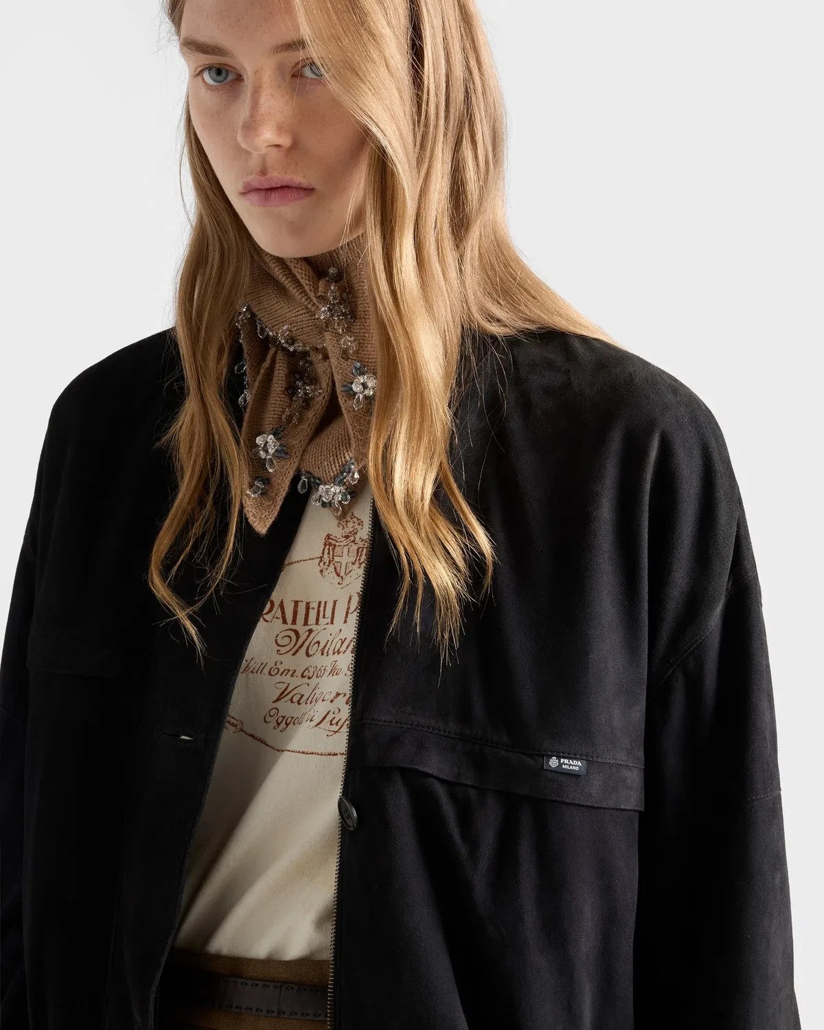 Замшевая куртка-блузон свободного кроя Prada, черный — фото 4