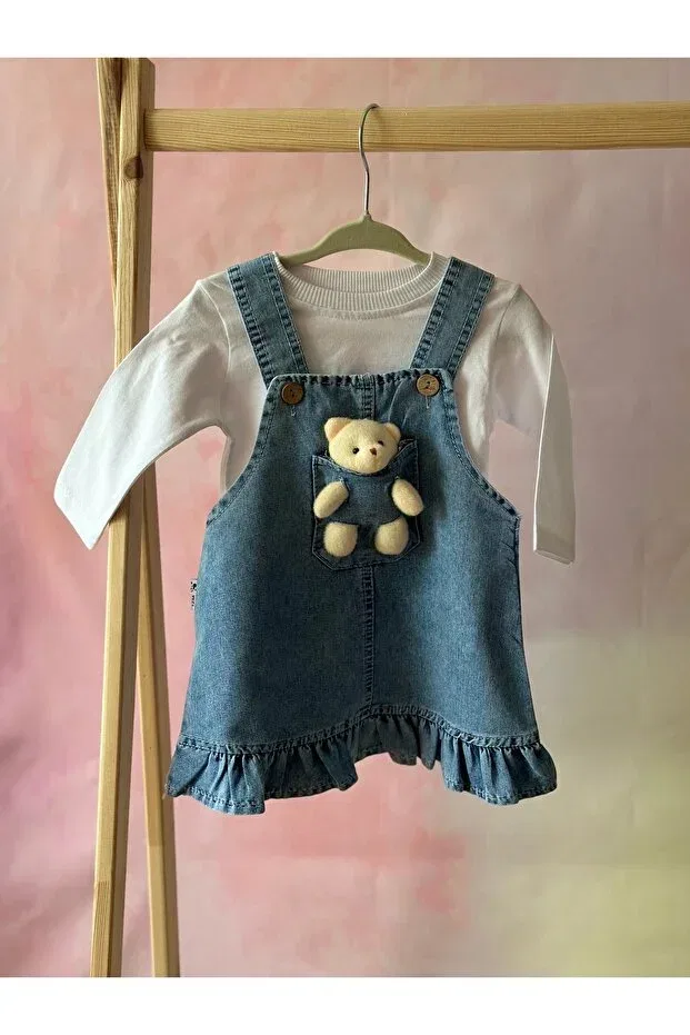 Детский комплект платьев из денима Teddy bear jean dress 2-piece set Lisaloom, Blue — фото 2