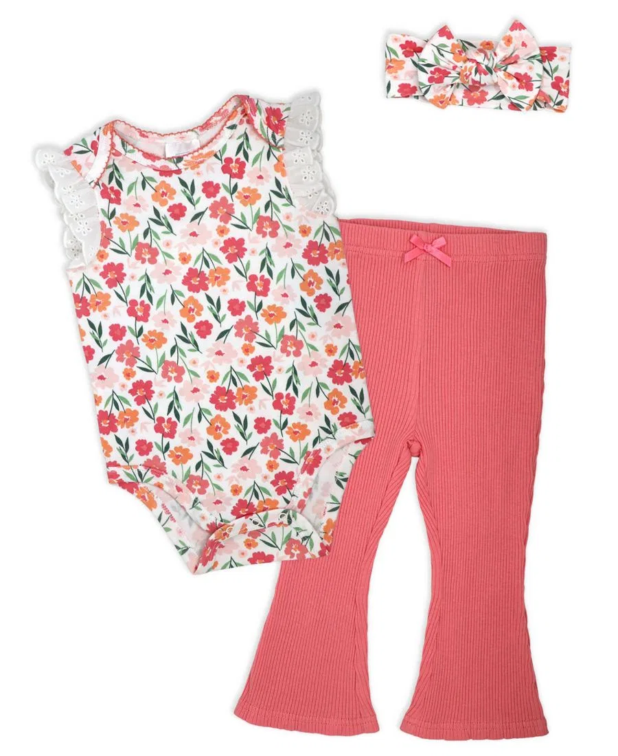 Комплект из боди, штанов и повязки на голову с кружевной отделкой Baby Mode, Coral Pink