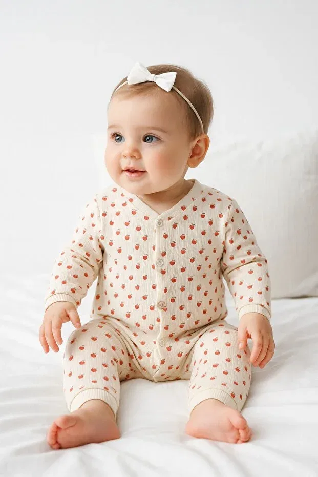 Детское боди-комбинезон для девочек хлопковый Little Strawberry Report Dinamik Çocuk, Ecru Tiny Strawberry