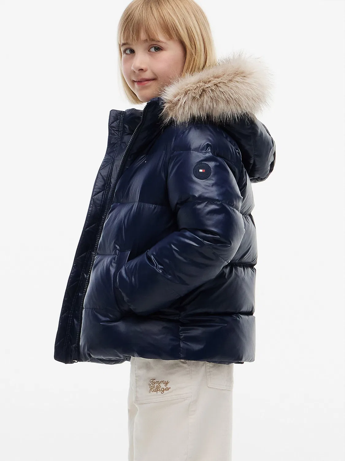 Синий пуховик Tommy Hilfiger Essential с отделкой из искусственного меха — фото 4