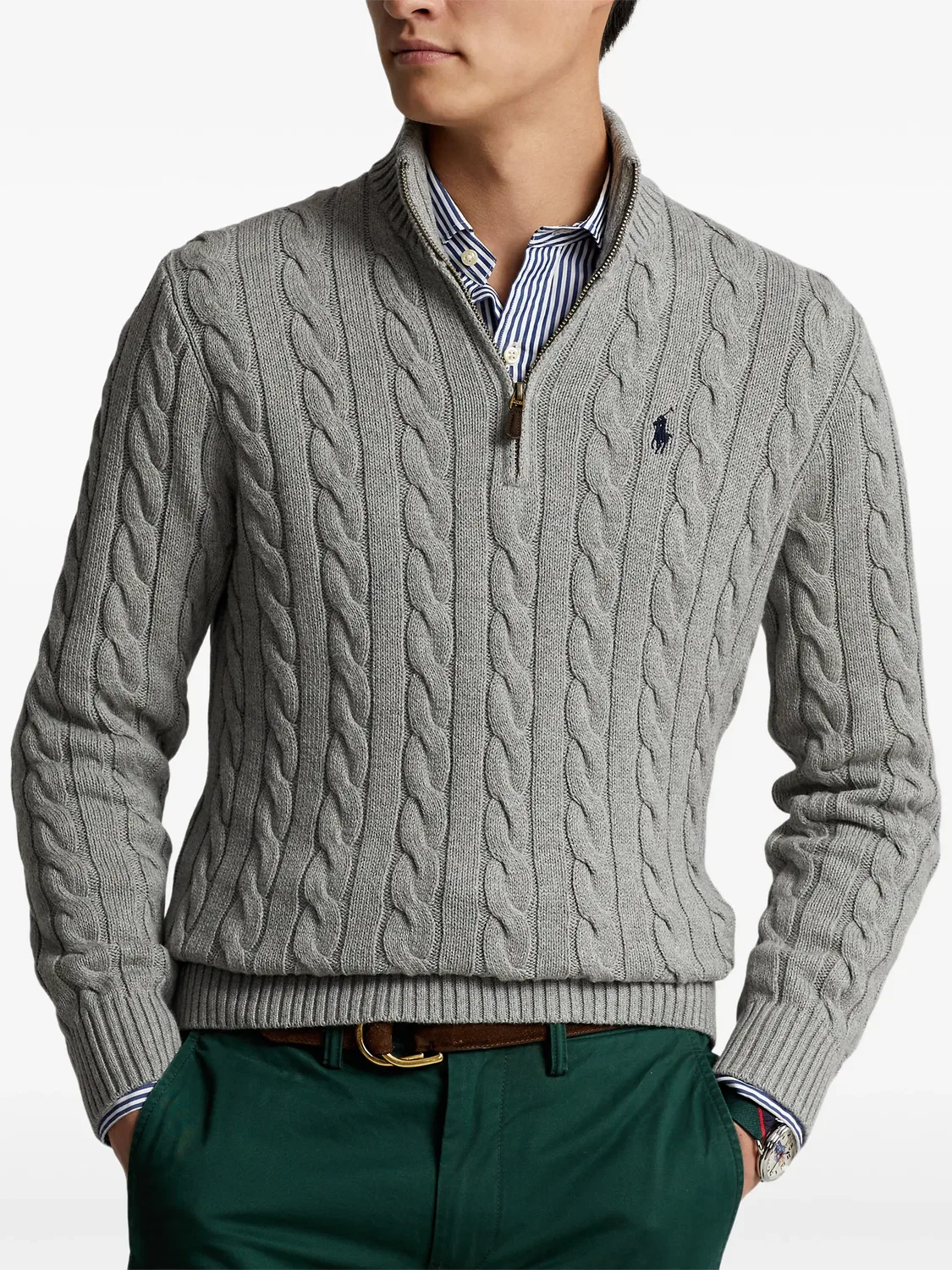 Polo Ralph Lauren Кабельный хлопковый джемпер на 1/4 молнии серый — фото 4
