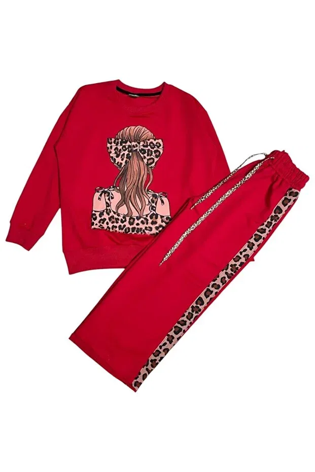 Детский спортивный комплект для девочек с принтом Girl'S cotton fabric red color leopard buckle patterned long sleeve winter tracksuit set Fil Kids, Red — фото 2
