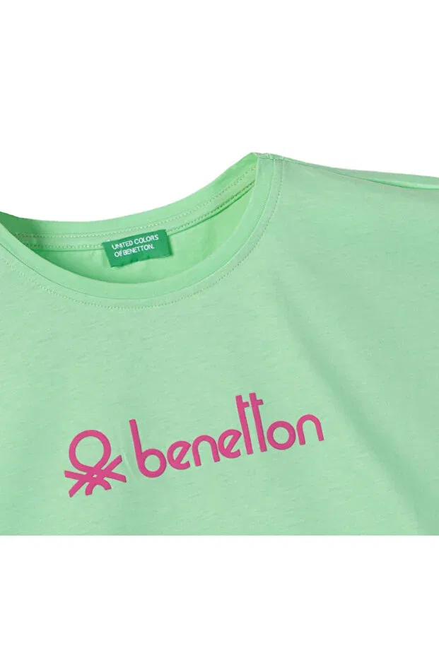 Детская футболка для девочек хлопковая с коротким рукавом Benetton, Mint Green — фото 2