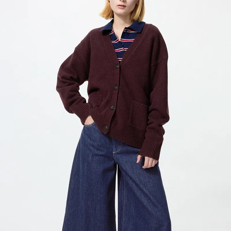 Женский свитер с V-образным вырезом Burgundy UNIQLO, Burgundy — фото 3