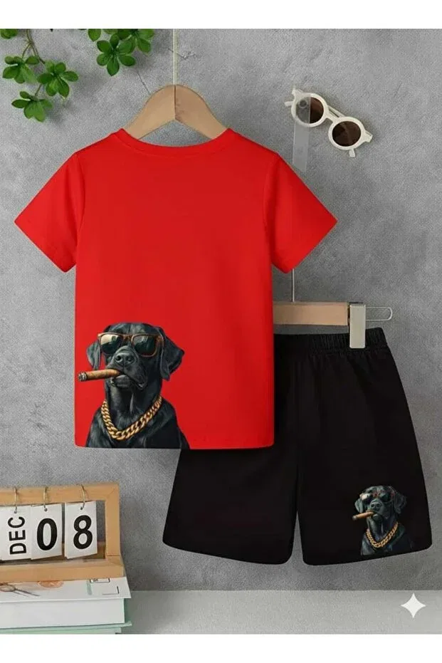 Детский комплект футболки и шорт с принтом Summer children's t-shirt shorts unisex (dog print with pro) Nice Clothes, Bottom Black, Top Red