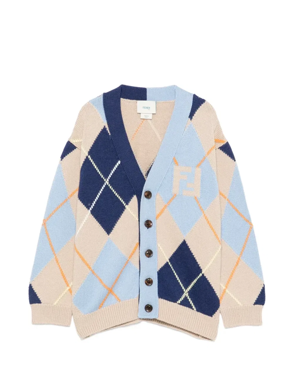 Шерстяной кардиган с ромбовидным узором и мотивом FF Fendi Kids, бежевый