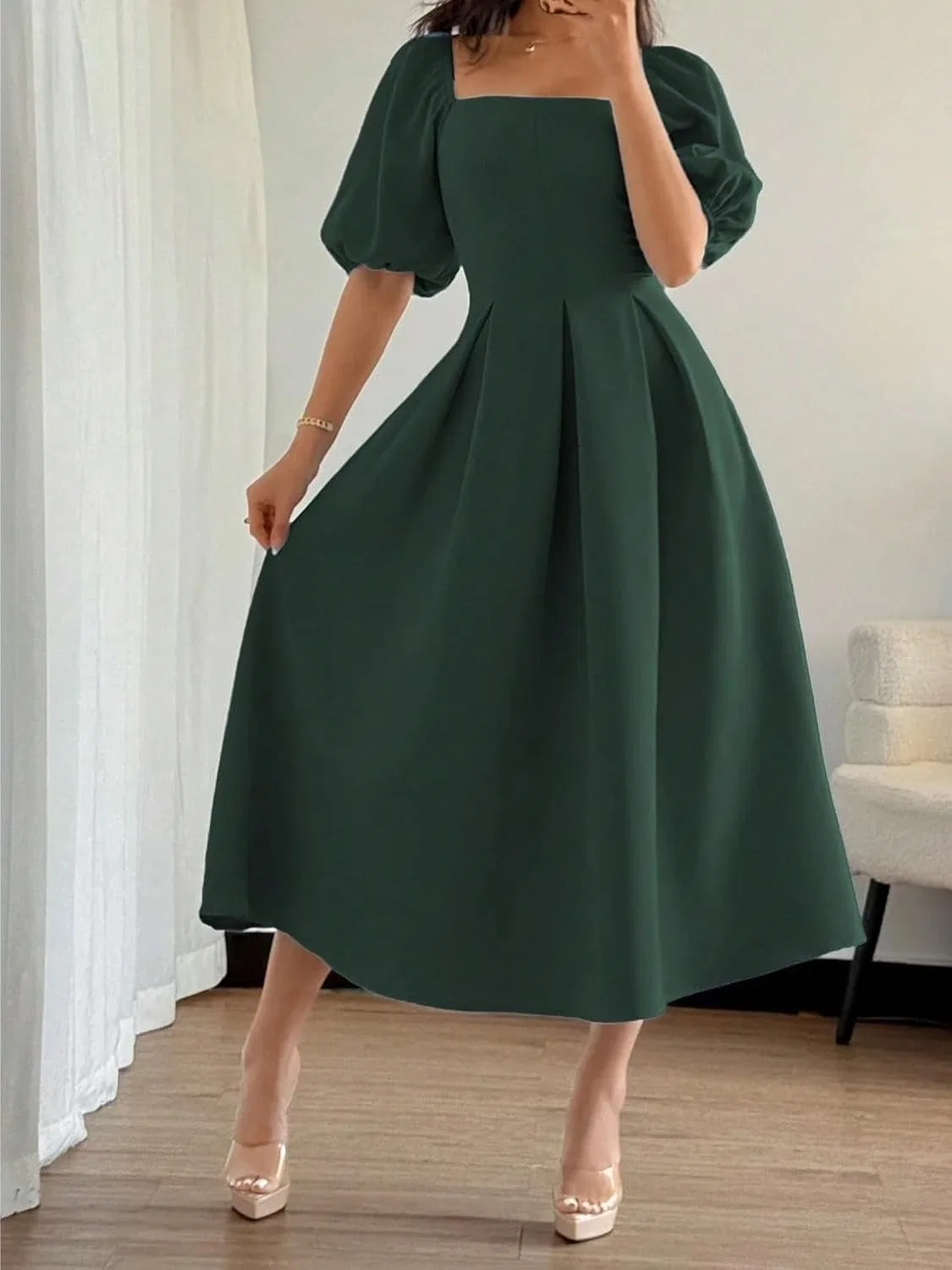 Женское коктейльное платье миди с пышными рукавами, Dark Green — фото 3