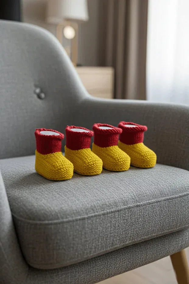 Детские пинетки ручной вязки двухцветные Hiciw, Yellow & Red — фото 2