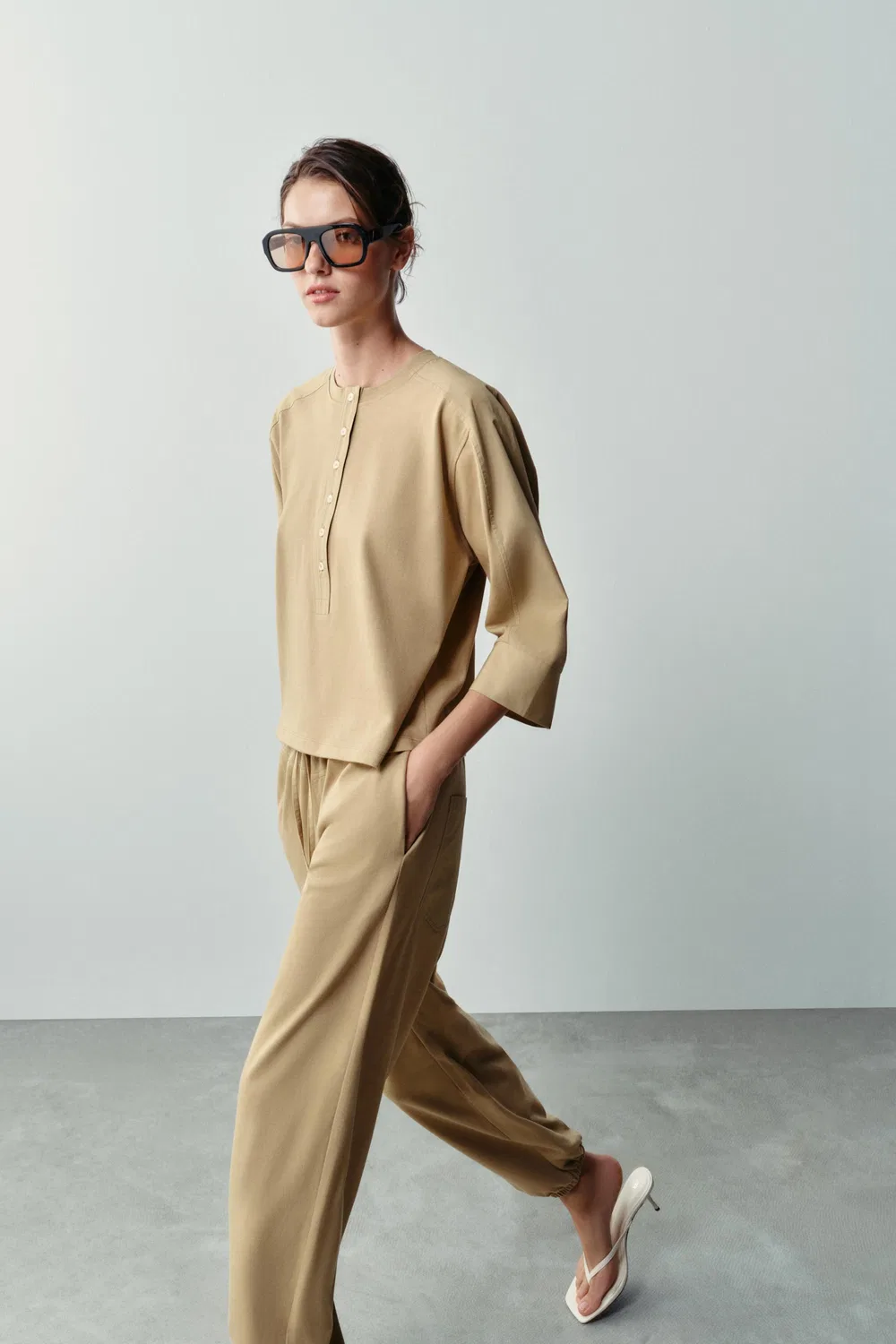 Комбинированная футболка ZARA, camel — фото 3