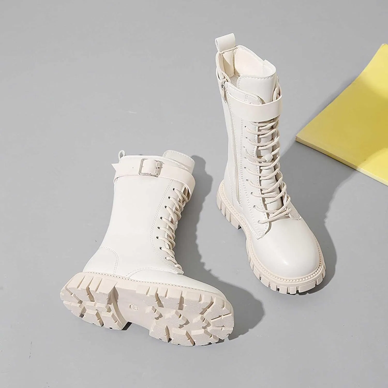 Детские ботинки для девочек на молнии и шнуровке с принтом, модель White Boot For Girls Zipper Lace Up Combat Boots PU Leather Mid Calf Boots Waterproof Punk Goth Boot 4-11 Years — фото 4