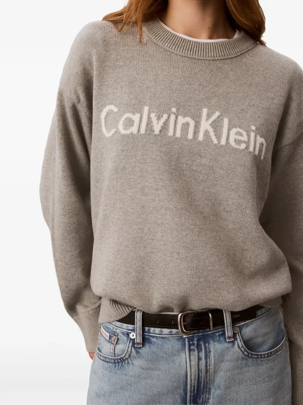 Джемпер с круглым вырезом и логотипом-интарсией Calvin Klein, серый — фото 4