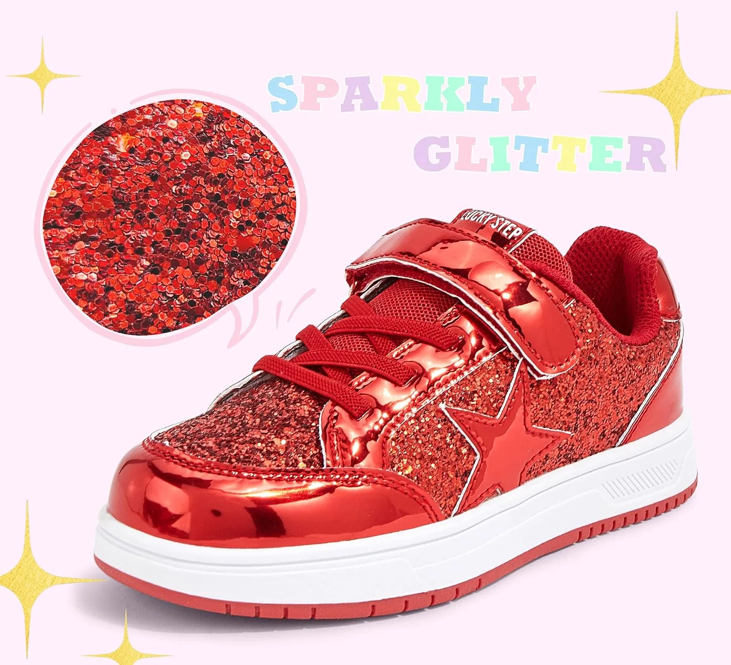 Детские кроссовки для девочек с блестками LUCKY STEP, Red Glitter — фото 2