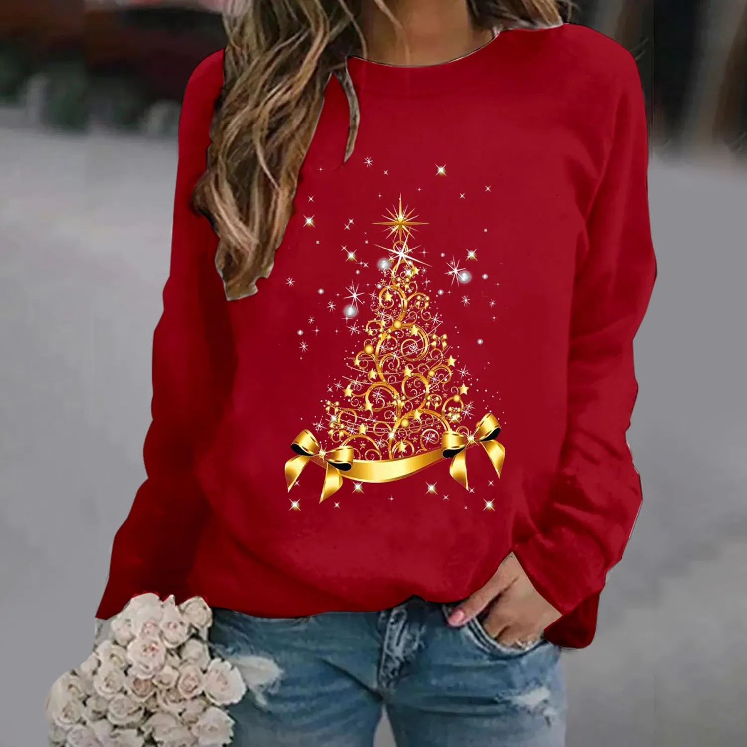 Женская куртка с принтом Christmas Tree с длинным рукавом, Red — фото 3